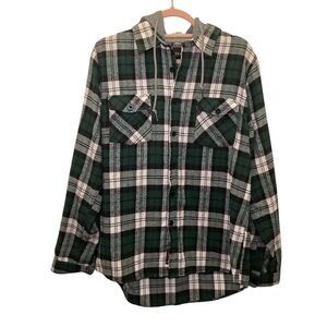Fly Society green plaid long sleeve hooded button up jacket W/ pockets Sz Medium